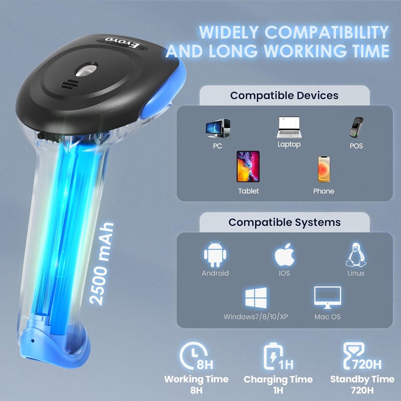 EYOYO ماسح باركود بلوتوث 2D لاسلكي، 2500mAh محمول بدون سلك قارئ باركود USB لقراءة QR للمكتبة، جرد المستودعات متوافق مع iPad، هاتف أندرويد، iPhone، لابتوب - Image 5